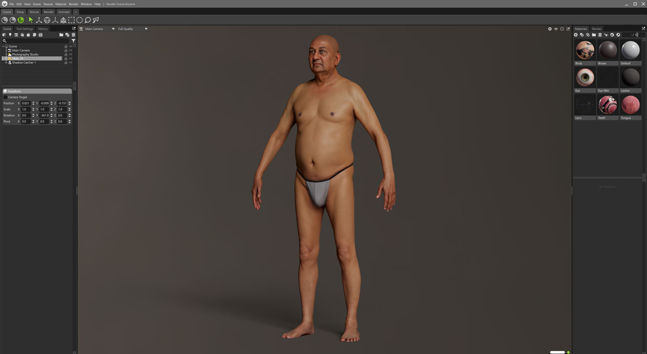 Marmoset Toolbag real-time scene render of a stocky older male full body 3D scan with PBR shading